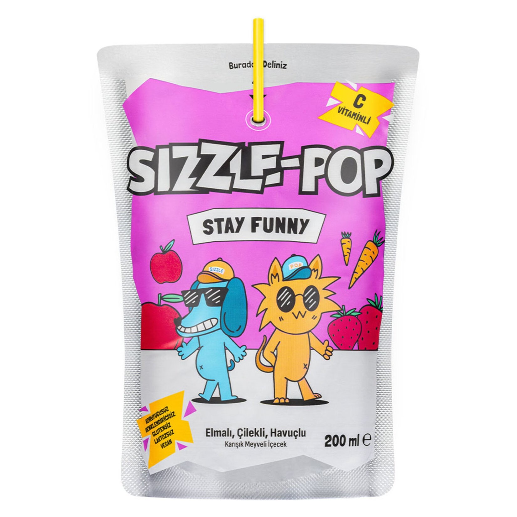 SIZZLE-POP STAY FUNNY HAVUÇ KIRMIZI ELMA ÇİLEK POUCH 200 ML